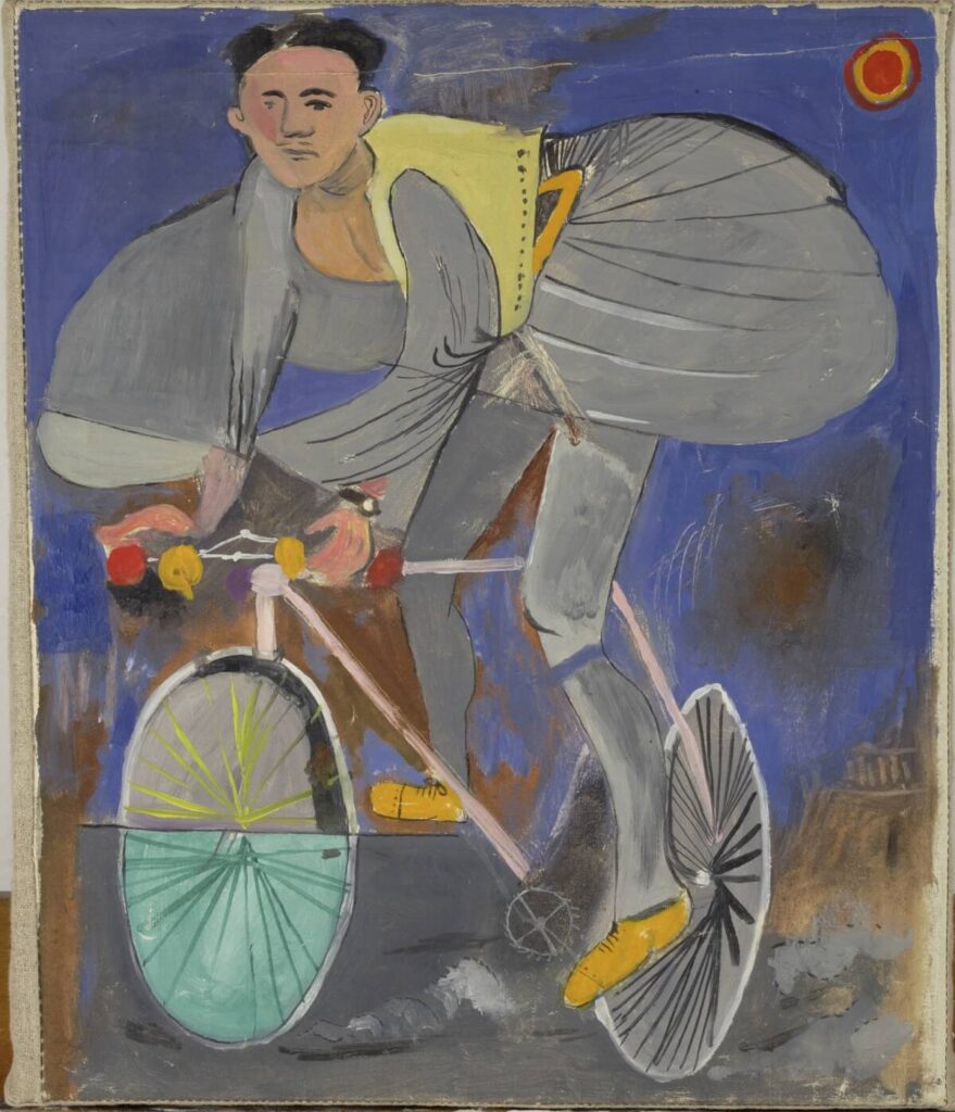 Ποδηλάτης μεταμφιεσμένος σε τσολιά, με ένα ναό δεξιά κάτω, 1936, Λάδι σε πανί, 34,5 Χ 29,0 εκ.. Ίδρυμα Γιάννη Τσαρούχη